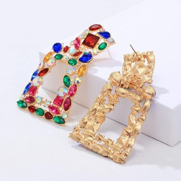 Yellow Gold with Multicolored Crystal Geometric Rectangle Post Back Earrings - Picture 3 of 7